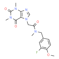 ChemSpider 2D Image | 2-(1,3-Dimethyl-2,6-dioxo-1,2,3,6-tetrahydro-7H-purin-7-yl)-N-(3-fluoro-4-methoxybenzyl)-N-methylacetamide | C18H20FN5O4