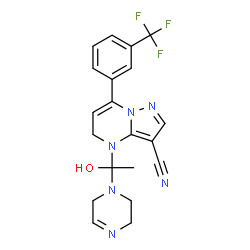 ChemSpider 2D Image | 4-[1-(3,6-Dihydro-1(2H)-pyrazinyl)-1-hydroxyethyl]-7-[3-(trifluoromethyl)phenyl]-4,5-dihydropyrazolo[1,5-a]pyrimidine-3-carbonitrile | C20H19F3N6O