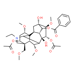 ChemSpider 2D Image | (1alpha,3alpha,6alpha,10alpha,13alpha,14alpha,15alpha,16beta,17xi)-3,15-Diacetoxy-20-ethyl-8,13-dihydroxy-1,6,16-trimethoxy-4-(methoxymethyl)aconitan-14-yl benzoate | C36H49NO12