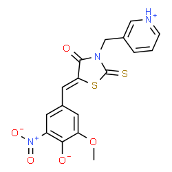 ChemSpider 2D Image | 2-Methoxy-6-nitro-4-{(Z)-[4-oxo-3-(3-pyridiniumylmethyl)-2-thioxo-1,3-thiazolidin-5-ylidene]methyl}phenolate | C17H13N3O5S2