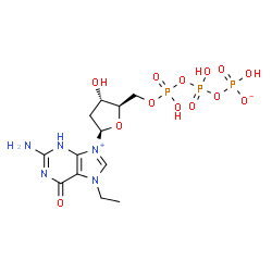 ChemSpider 2D Image | 2'-Deoxy-7-ethyl-5'-O-[hydroxy({hydroxy[(hydroxyphosphinato)oxy]phosphoryl}oxy)phosphoryl]-7-hydroguanosine | C12H20N5O13P3