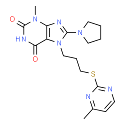 ChemSpider 2D Image | 3-Methyl-7-{3-[(4-methyl-2-pyrimidinyl)sulfanyl]propyl}-8-(1-pyrrolidinyl)-3,7-dihydro-1H-purine-2,6-dione | C18H23N7O2S