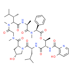 ChemSpider 2D Image | 3-Hydroxy-N-{(9S,12S,15S,16S,19R,23R,24aR)-23-hydroxy-19-isobutyl-2,5,9,11,15-pentamethyl-6-[(2S)-3-methyl-2-butanyl]-1,4,7,10,13,17,20-heptaoxo-12-phenyldocosahydro-1H-pyrrolo[2,1-o][1,4,7,10,13,16,1
9]oxahexaazacyclodocosin-16-yl}-2-pyridinecarboxamide | C44H62N8O11