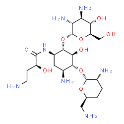 ChemSpider 2D Image | (2S)-4-Amino-N-{(1R,2S,3S,4R,5S)-5-amino-2-[(2,3-diamino-2,3-dideoxy-alpha-D-glucopyranosyl)oxy]-4-[(2,6-diamino-2,3,4,6-tetradeoxy-alpha-D-erythro-hexopyranosyl)oxy]-3-hydroxycyclohexyl}-2-hydroxybut
anamide | C22H45N7O9