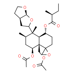 ChemSpider 2D Image | (4R,4aR,5S,6R,8S,8aR)-8-Acetoxy-8a-(acetoxymethyl)-5-[(3aR,6aS)-hexahydrofuro[2,3-b]furan-2-yl]-5,6-dimethyloctahydro-2H-spiro[naphthalene-1,2'-oxiran]-4-yl (2S)-2-methylbutanoate | C29H44O9