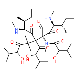 ChemSpider 2D Image | N-{(3S,4S,6R)-6-Formyl-10-hydroxy-7-(2-hydroxy-3-methylbutanoyl)-3,8,8,11-tetramethyl-4-(methylamino)-7-[(2S,3S)-3-methyl-2-(methylamino)pentanoyl]-5,9-dioxo-1-dodecen-6-yl}-2-hydroxy-N,3-dimethylbuta
namide | C36H63N3O9