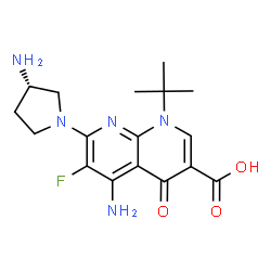 ChemSpider 2D Image | 5-Amino-7-[(3S)-3-amino-1-pyrrolidinyl]-6-fluoro-1-(2-methyl-2-propanyl)-4-oxo-1,4-dihydro-1,8-naphthyridine-3-carboxylic acid | C17H22FN5O3
