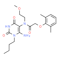 ChemSpider 2D Image | N-(6-Amino-1-butyl-2,4-dioxo-1,2,3,4-tetrahydro-5-pyrimidinyl)-2-(2,6-dimethylphenoxy)-N-(2-methoxyethyl)acetamide | C21H30N4O5
