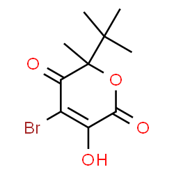 ChemSpider 2D Image | 4-Bromo-3-hydroxy-6-methyl-6-(2-methyl-2-propanyl)-2H-pyran-2,5(6H)-dione | C10H13BrO4