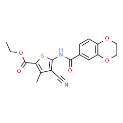 ChemSpider 2D Image | Ethyl 4-cyano-5-[(2,3-dihydro-1,4-benzodioxin-6-ylcarbonyl)amino]-3-methyl-2-thiophenecarboxylate | C18H16N2O5S