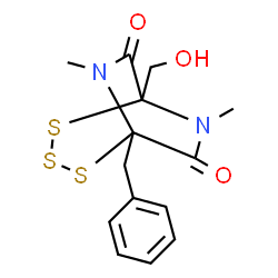 ChemSpider 2D Image | 1-Benzyl-5-(hydroxymethyl)-6,8-dimethyl-2,3,4-trithia-6,8-diazabicyclo[3.2.2]nonane-7,9-dione | C14H16N2O3S3