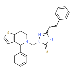 ChemSpider 2D Image | 2-[(4-Phenyl-6,7-dihydrothieno[3,2-c]pyridin-5(4H)-yl)methyl]-5-[(E)-2-phenylvinyl]-1,2-dihydro-3H-1,2,4-triazole-3-thione | C24H22N4S2