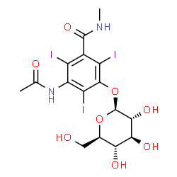 ChemSpider 2D Image | 3-Acetamido-5-(beta-D-glucopyranosyloxy)-2,4,6-triiodo-N-methylbenzamide | C16H19I3N2O8