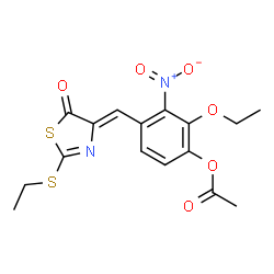 ChemSpider 2D Image | 2-Ethoxy-4-{(Z)-[2-(ethylsulfanyl)-5-oxo-1,3-thiazol-4(5H)-ylidene]methyl}-3-nitrophenyl acetate | C16H16N2O6S2