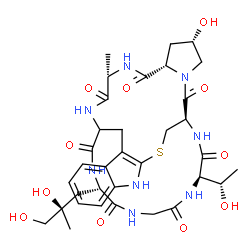 ChemSpider 2D Image | (14R,18S,20S,23S,28S,34R)-28-[(2R)-2,3-Dihydroxy-2-methylpropyl]-18-hydroxy-34-[(1S)-1-hydroxyethyl]-23-methyl-12-thia-10,16,22,25,27,30,33,36-octaazapentacyclo[12.11.11.0~3,11~.0~4,9~.0~16,20~]hexatr
iaconta-3(11),4,6,8-tetraene-15,21,24,26,29,32,35-heptone | C34H46N8O11S