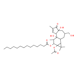 ChemSpider 2D Image | 9a-Acetoxy-4a,7b-dihydroxy-3-(hydroxymethyl)-1,1,6,8-tetramethyl-5-oxo-1a,1b,2,3,4,4a,5,7a,7b,8,9,9a-dodecahydro-1H-cyclopropa[3,4]benzo[1,2-e]azulen-9-yl myristate | C36H58O8