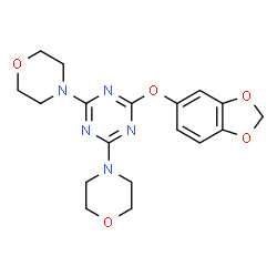 ChemSpider 2D Image | 2-(1,3-Benzodioxol-5-yloxy)-4,6-di(4-morpholinyl)-1,3,5-triazine | C18H21N5O5