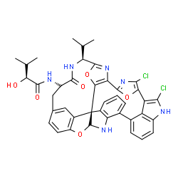 ChemSpider 2D Image | (2S)-N-[(10S,13R,20R,21R)-3,35-Dichloro-10-isopropyl-12-oxo-8,37,40-trioxa-4,11,22,34,39-pentaazadecacyclo[27.6.1.1~2,5~.1~6,9~.1~15,19~.1~18,21~.0~7,20~.0~20,24~.0~23,28~.0~33,36~]tetraconta-1(35),2,
4,6,9(39),15(38),16,18,23,25,27,29(36),30,32-tetradecaen-13-yl]-2-hydroxy-3-methylbutanamide | C40H34Cl2N6O6