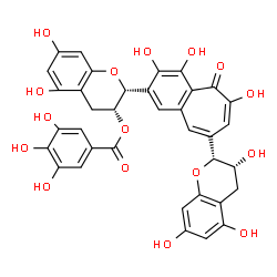 ChemSpider 2D Image | (2R,3R)-5,7-Dihydroxy-2-{3,4,5-trihydroxy-6-oxo-8-[(2R,3R)-3,5,7-trihydroxy-3,4-dihydro-2H-chromen-2-yl]-6H-benzo[7]annulen-2-yl}-3,4-dihydro-2H-chromen-3-yl 3,4,5-trihydroxybenzoate | C36H28O16