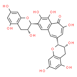 ChemSpider 2D Image | 3,4,6-Trihydroxy-2,8-bis[(2R,3R)-3,5,7-trihydroxy-3,4-dihydro-2H-chromen-2-yl]-5H-benzo[7]annulen-5-one | C29H24O12