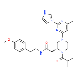 ChemSpider 2D Image | 3-{4-[(3R)-4-Isobutyryl-3-(2-{[2-(4-methoxyphenyl)ethyl]amino}-2-oxoethyl)-1-piperazinyl]-6-methyl-2-pyrimidinyl}-1H-imidazol-3-ium | C27H36N7O3