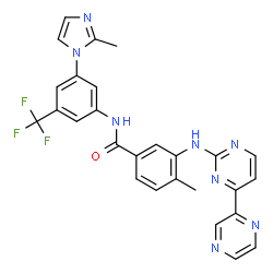 ChemSpider 2D Image | 4-Methyl-N-[3-(2-methyl-1H-imidazol-1-yl)-5-(trifluoromethyl)phenyl]-3-{[4-(2-pyrazinyl)-2-pyrimidinyl]amino}benzamide | C27H21F3N8O