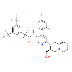 ChemSpider 2D Image | 2-[3,5-Bis(trifluoromethyl)phenyl]-N-{4-(4-fluoro-2-methylphenyl)-6-[(7S,9aS)-7-(hydroxymethyl)hexahydropyrazino[2,1-c][1,4]oxazin-8(1H)-yl]-3-pyridinyl}-N,2-dimethylpropanamide | C33H35F7N4O3