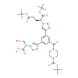 ChemSpider 2D Image | Bis(2-methyl-2-propanyl) (2S)-2-[4-(3-{1-[(2S)-3-hydroxy-1-methoxy-1-oxo-2-propanyl]-1H-1,2,3-triazol-4-yl}-5-[(4-{[(2-methyl-2-propanyl)oxy]carbonyl}-1-piperazinyl)carbonyl]phenyl)-1H-1,2,3-triazol-1
-yl]pentanedioate | C37H52N8O10