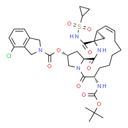 ChemSpider 2D Image | (2R,6S,12Z,13aR,14aS,16aS)-14a-[(Cyclopropylsulfonyl)carbamoyl]-6-({[(2-methyl-2-propanyl)oxy]carbonyl}amino)-5,16-dioxo-1,2,3,5,6,7,8,9,10,11,13a,14,14a,15,16,16a-hexadecahydrocyclopropa[e]pyrrolo[1,
2-a][1,4]diazacyclopentadecin-2-yl 4-chloro-1,3-dihydro-2H-isoindole-2-carboxylate | C35H46ClN5O9S