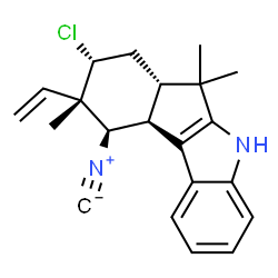 ChemSpider 2D Image | (6aS,8R,9S,10R,10aS)-8-Chloro-10-isocyano-6,6,9-trimethyl-9-vinyl-5,6,6a,7,8,9,10,10a-octahydroindeno[2,1-b]indole | C21H23ClN2