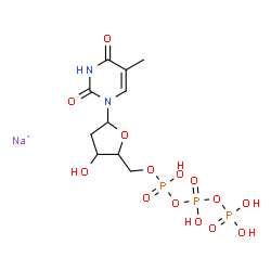 ChemSpider 2D Image | 2,4(1H,3H)-Pyrimidinedione, 1-[2-deoxy-5-O-[hydroxy[[hydroxy(phosphonooxy)phosphinyl]oxy]phosphinyl]pentofuranosyl]-5-methyl-, sodium salt (1:1) | C10H17N2NaO14P3