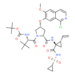 ChemSpider 2D Image | 3-Methyl-N-{[(2-methyl-2-propanyl)oxy]carbonyl}-L-valyl-(4R)-4-[(1-chloro-6-methoxy-7-isoquinolinyl)oxy]-N-{(1R,2S)-1-[(cyclopropylsulfonyl)carbamoyl]-2-vinylcyclopropyl}-D-prolinamide | C35H46ClN5O9S