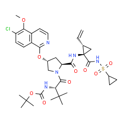 ChemSpider 2D Image | 3-Methyl-N-{[(2-methyl-2-propanyl)oxy]carbonyl}-L-valyl-(4R)-4-[(6-chloro-5-methoxy-1-isoquinolinyl)oxy]-N-{(1R,2S)-1-[(cyclopropylsulfonyl)carbamoyl]-2-vinylcyclopropyl}-L-prolinamide | C35H46ClN5O9S