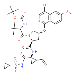 ChemSpider 2D Image | 3-Methyl-N-{[(2-methyl-2-propanyl)oxy]carbonyl}-L-valyl-(4R)-4-[(4-chloro-6-methoxy-1-isoquinolinyl)oxy]-N-{(1R,2S)-1-[(cyclopropylsulfonyl)carbamoyl]-2-vinylcyclopropyl}-L-prolinamide | C35H46ClN5O9S