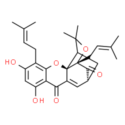 ChemSpider 2D Image | (2R,13S,15S)-6,8-Dihydroxy-17,17-dimethyl-5,15-bis(3-methyl-2-buten-1-yl)-3,16-dioxapentacyclo[11.4.1.0~2,11~.0~2,15~.0~4,9~]octadeca-4,6,8,11-tetraene-10,14-dione | C28H32O6