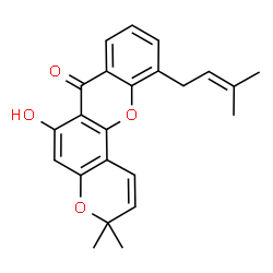 ChemSpider 2D Image | 6-Hydroxy-3,3-dimethyl-11-(3-methyl-2-buten-1-yl)-3H,7H-pyrano[2,3-c]xanthen-7-one | C23H22O4