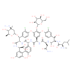 ChemSpider 2D Image | (1S,2R,18R,19R,22S,25R,28R,40R)-22-(2-Amino-2-oxoethyl)-2-[(3-amino-2,3,6-trideoxy-3-methyl-alpha-L-arabino-hexopyranosyl)oxy]-5,15-dichloro-48-(beta-L-glucopyranosyloxy)-18,20,32,35,37-pentahydroxy-1
9-[(N-methyl-D-leucyl)amino]-23,26,42,44-tetraoxo-7,13-dioxa-21,24,27,41,43-pentaazaoctacyclo[26.14.2.2~3,6~.2~14,17~.1~8,12~.1~29,33~.0~10,25~.0~34,39~]pentaconta-3,5,8(48),9,11,14,16,29(45),30,32,34
,36,38,46,49-pentadecaene-40-carboxylic acid | C66H77Cl2N9O24