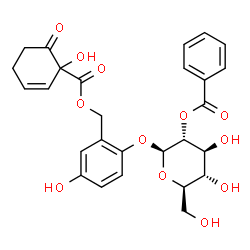 ChemSpider 2D Image | 2-[(2-O-Benzoyl-beta-D-glucopyranosyl)oxy]-5-hydroxybenzyl 1-hydroxy-6-oxo-2-cyclohexene-1-carboxylate | C27H28O12