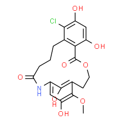 ChemSpider 2D Image | 10-Chloro-7,9,19,21-tetrahydroxy-20-methoxy-4-oxa-16-azatricyclo[15.3.1.0~6,11~]henicosa-1(21),6,8,10,17,19-hexaene-5,15-dione | C20H20ClNO8