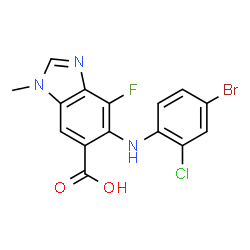 ChemSpider 2D Image | 5-[(4-Bromo-2-chlorophenyl)amino]-4-fluoro-1-methyl-1H-benzimidazole-6-carboxylic acid | C15H10BrClFN3O2