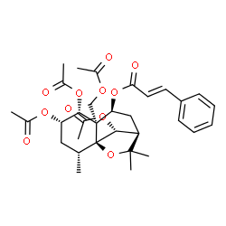 ChemSpider 2D Image | (1S,2R,4S,5R,6R,7S,9R,12R)-4,5,12-Triacetoxy-6-(acetoxymethyl)-2,10,10-trimethyl-11-oxatricyclo[7.2.1.0~1,6~]dodec-7-yl (2E)-3-phenylacrylate | C32H40O11