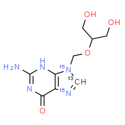 ChemSpider 2D Image | 2-Amino-9-{[(1,3-dihydroxy-2-propanyl)oxy]methyl}(8-~13~C,7,9-~15~N_2_)-3,9-dihydro-6H-purin-6-one | C813CH13N315N2O4