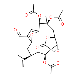 ChemSpider 2D Image | (1S,2R,4R,10R,11S,13S,14S)-7-Formyl-4-isopropenyl-11-methyl-16-oxo-15,17,18-trioxatetracyclo[11.2.2.1~6,9~.0~1,14~]octadeca-6,8-diene-2,10,11-triyl triacetate | C26H30O11