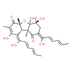 ChemSpider 2D Image | (2Z,4S,4aR,5aR,9Z,9aS,9bR)-4,4a,8-Trihydroxy-2,9-bis[(2E,4E)-1-hydroxy-2,4-hexadien-1-ylidene]-4,5a,7,9b-tetramethyl-3,4,4a,9,9a,9b-hexahydrodibenzo[b,d]furan-1,6(2H,5aH)-dione | C28H34O8