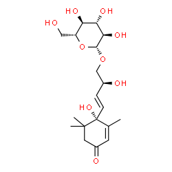ChemSpider 2D Image | (2S,3E)-2-Hydroxy-4-[(1S)-1-hydroxy-2,6,6-trimethyl-4-oxo-2-cyclohexen-1-yl]-3-buten-1-yl beta-D-glucopyranoside | C19H30O9