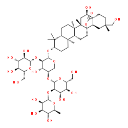 ChemSpider 2D Image | (3beta,13alpha,16alpha,17alpha)-16,30-Dihydroxy-28-oxo-13,28-epoxyoleanan-3-yl 6-deoxy-alpha-L-mannopyranosyl-(1->2)-beta-D-glucopyranosyl-(1->4)-[beta-D-glucopyranosyl-(1->2)]-alpha-L-arabinopyranosi
de | C53H86O23