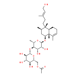 ChemSpider 2D Image | (1S,3R,4S,4aR,8aR)-4-[(3E)-5-Hydroxy-3-methyl-3-penten-1-yl]-3,4,8,8a-tetramethyl-1,2,3,4,4a,5,6,8a-octahydro-1-naphthalenyl 4-O-(6-O-acetyl-beta-D-glucopyranosyl)-6-deoxy-alpha-L-mannopyranoside | C34H56O12