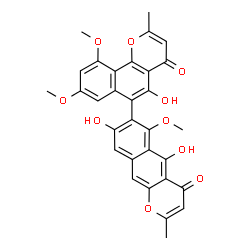 ChemSpider 2D Image | 5,8-Dihydroxy-7-(5-hydroxy-8,10-dimethoxy-2-methyl-4-oxo-4H-benzo[h]chromen-6-yl)-6-methoxy-2-methyl-4H-benzo[g]chromen-4-one | C31H24O10