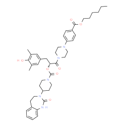 ChemSpider 2D Image | (2R)-1-(4-{4-[(Hexyloxy)carbonyl]phenyl}-1-piperazinyl)-3-(4-hydroxy-3,5-dimethylphenyl)-1-oxo-2-propanyl 4-(2-oxo-1,2,4,5-tetrahydro-3H-1,3-benzodiazepin-3-yl)-1-piperidinecarboxylate | C43H55N5O7