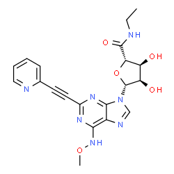 ChemSpider 2D Image | (2S,3S,4R,5R)-N-Ethyl-3,4-dihydroxy-5-[6-(methoxyamino)-2-(2-pyridinylethynyl)-9H-purin-9-yl]tetrahydro-2-furancarboxamide | C20H21N7O5